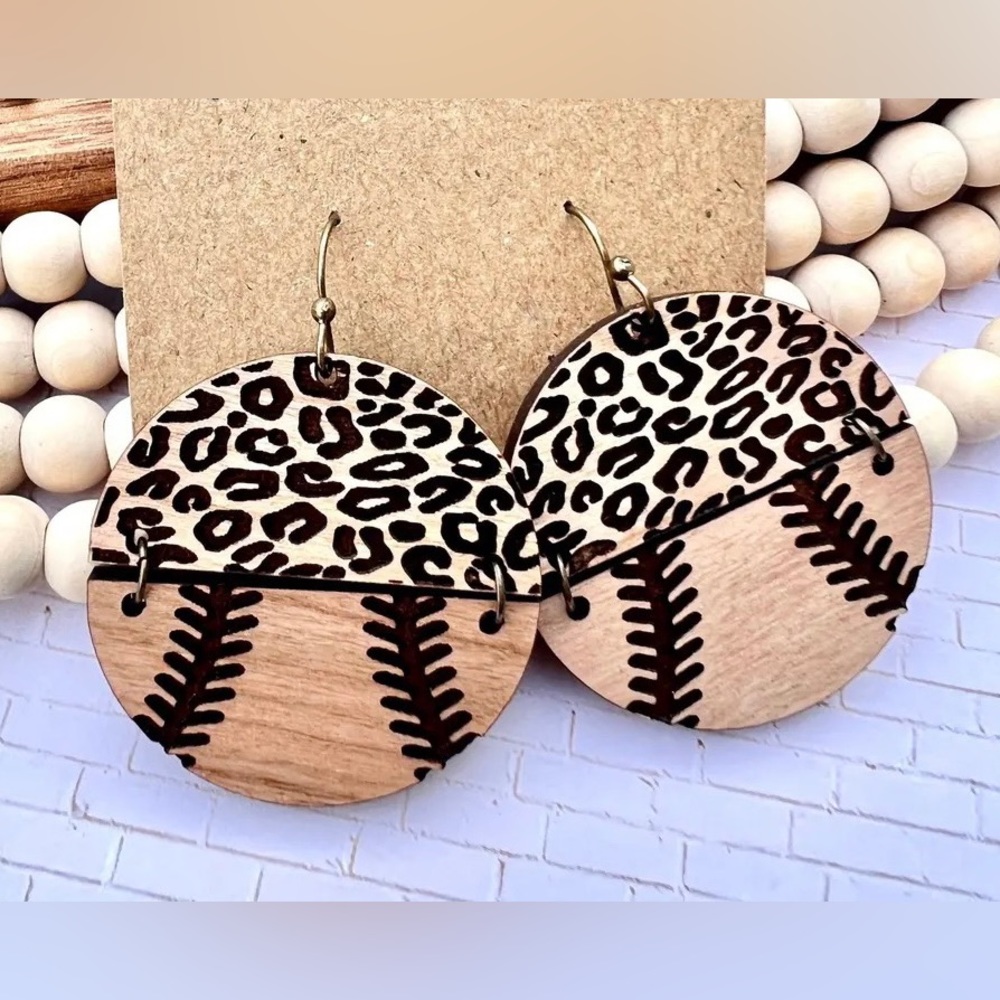New wooden leopard baseball earrings